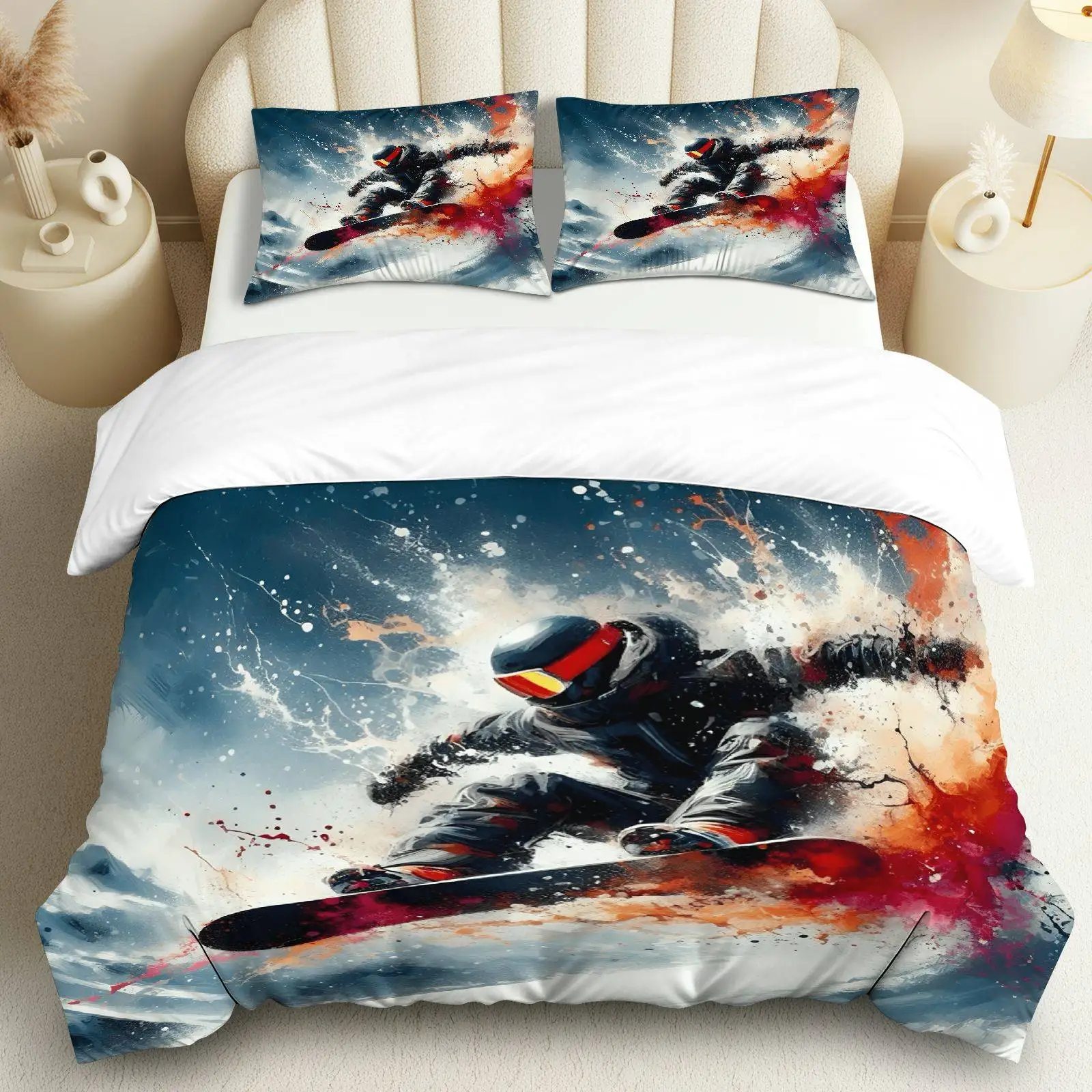 

3PCS Duvet Cover, 1 Duvet+2 Pillowcases(Without filler), Snowboarding Print Suitable for decoration Bedroom, Guest Room.