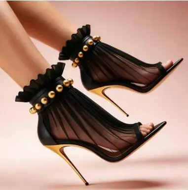 Elegant Women Black Lace Ruffle Trim Mesh Short Booties Gold Studded Strap Thin Stiletto Heel Ankle Boots Party Dress Boots