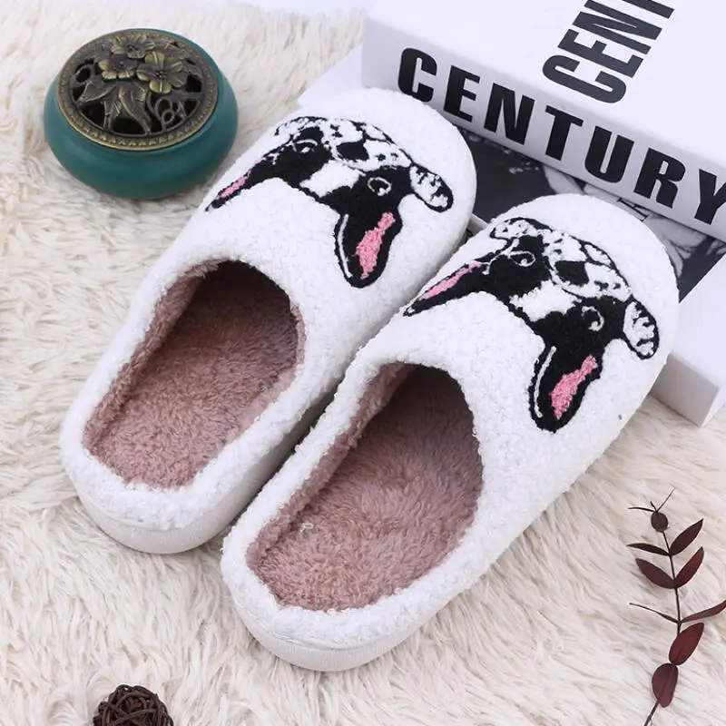 Fluffy Slippers Women House Plush Cartoon Dog Designer Winter Shoes Girls Flats Home Fashion Faux Fuzzy Fur Slides Non-Slip Soft