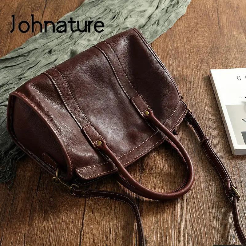 Johnature Handmade Nature Cowhide Women Bag 2024 New Vintage Genuine Leather Luxury Handbag Large Capacity Shoulder Bags