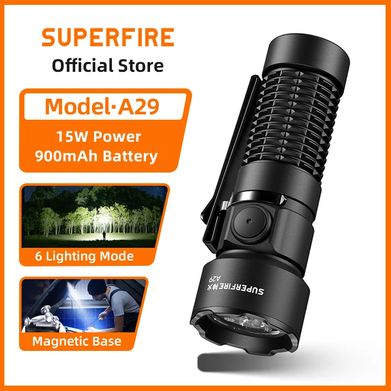 

NEW SUPERFIRE A29 EDC Torch Rechargeable Led Flashlight 15W High Power Tactical Tail magnetic Outdoor Camping Fishing Lantern