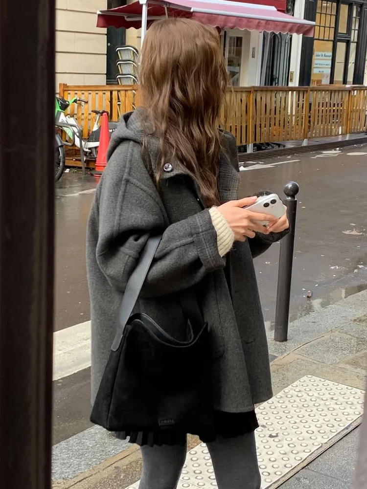 أزياء منقوشة مقنعين معطف الصوف المرأة شيك عكسها واحدة الصدر جيب كم كامل سترة فضفاضة سيدة Ommute معاطف الشارع