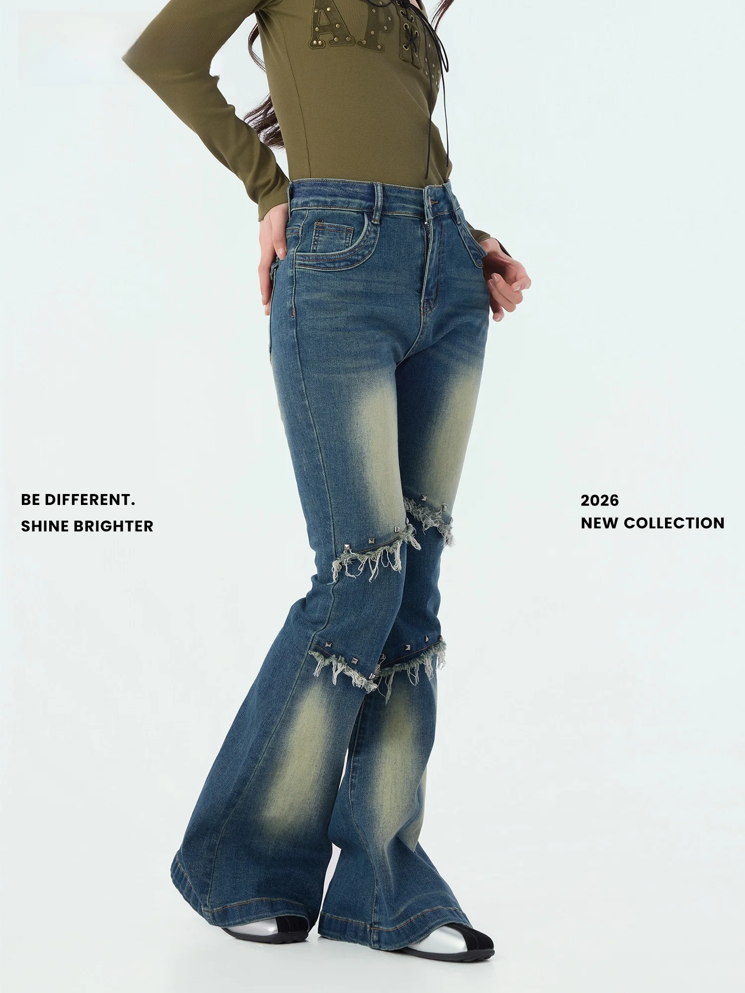 

High Waist Bell Bot Jeans Street Sle Ripped Denim Retro Vintage Spring New Arrival Women's Cotton Jeans Didimax C57549