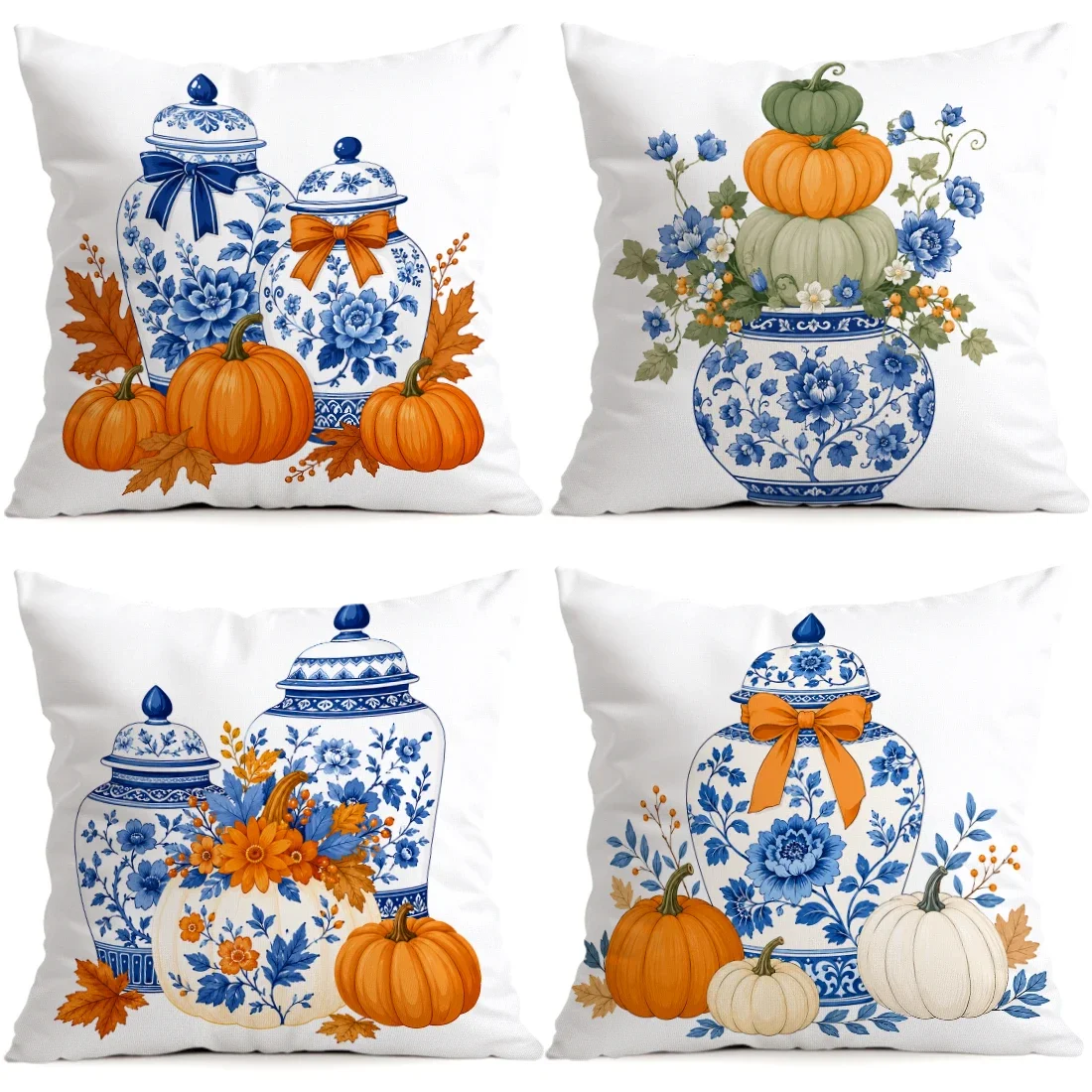 1pcs/4pcs Autumn Porcelain Pumpkin Cushions Pillowcase Polyester Cushion Cover Throw Pillow Pillowcover Home Car Sofa Decor