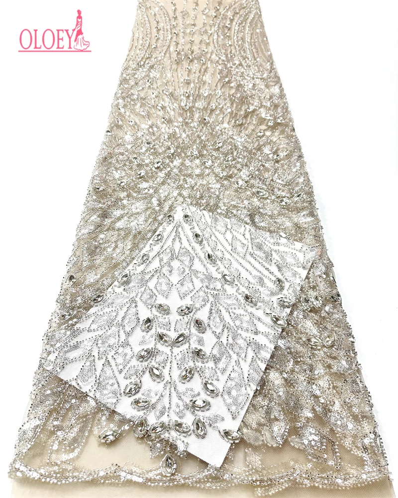 

High Quality African Net Lace with Sequins 5 Yards Beaded Nigerian French Tulle Fabric for Wedding