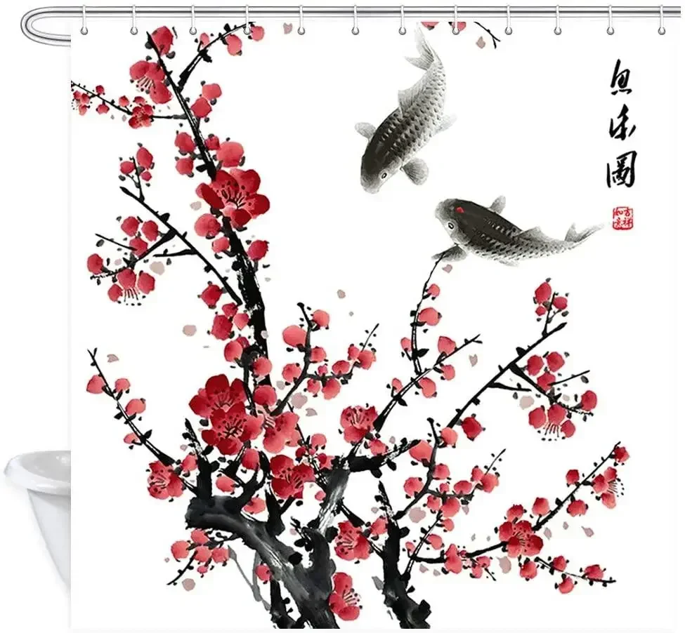 Asian Flower Shower Curtains, Red Plum Blossom Bloom Trees Branch Koi Japanese Art Polyester Fabric Bathroom Curtain with Hooks