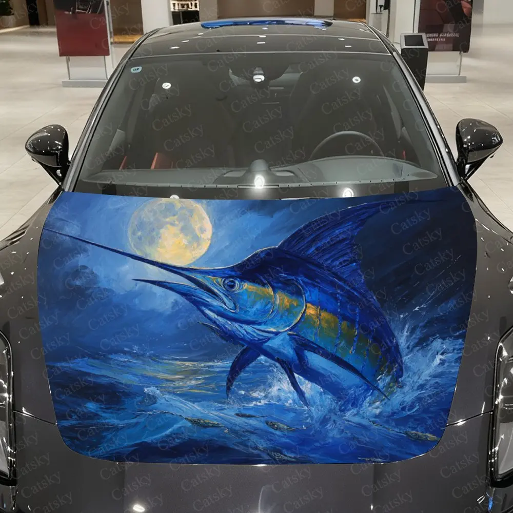 Sailfish Leaping Out Of The Sea Car Hood Wrap - Waterproof PVC Self-Adhesive Decal, Scratch-Resistant, Durable Car Hood Cover