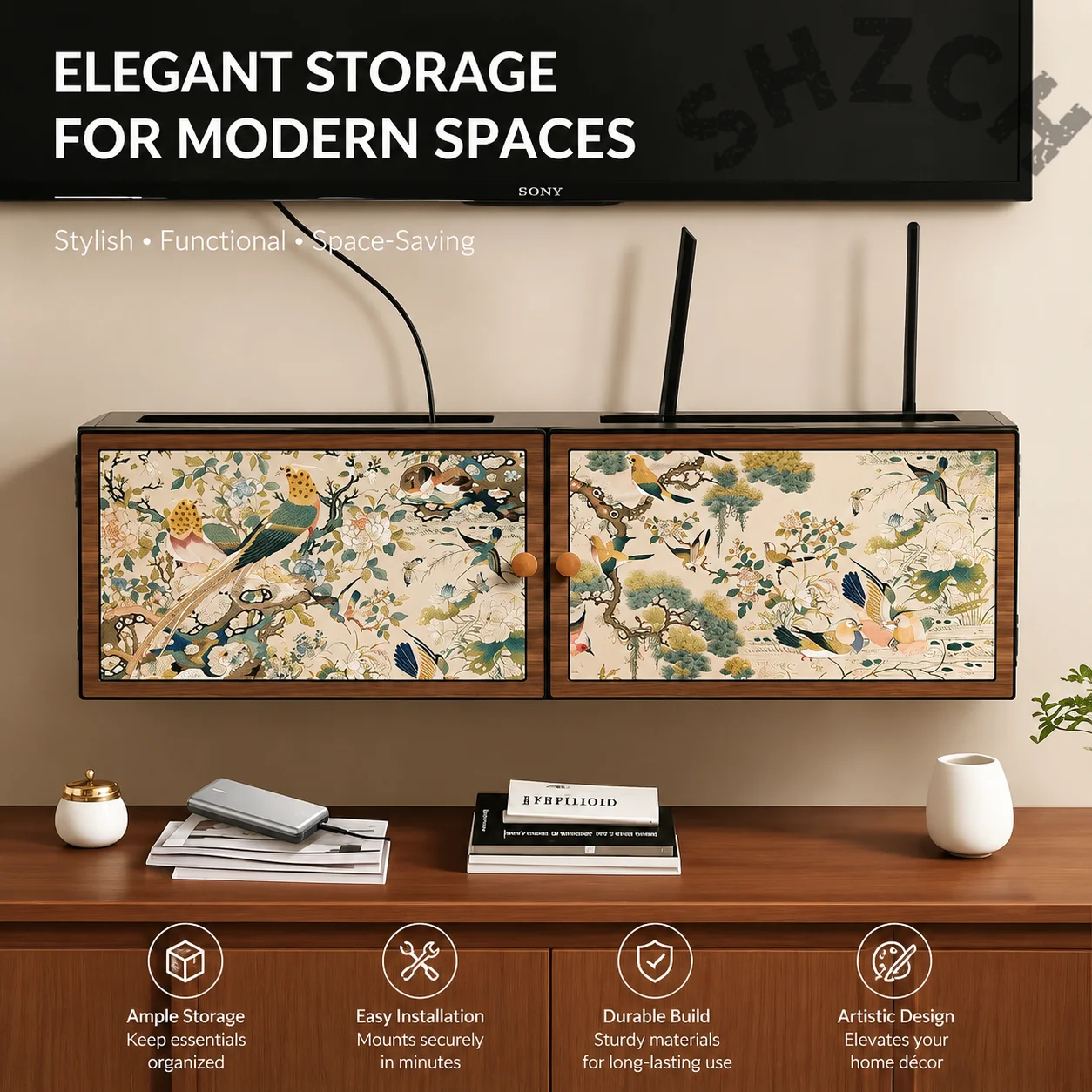 No-Drill Wall-Mount Router Organizer with Swing Door, Eco-Friendly Cable & Device Storage for Home Office view 2