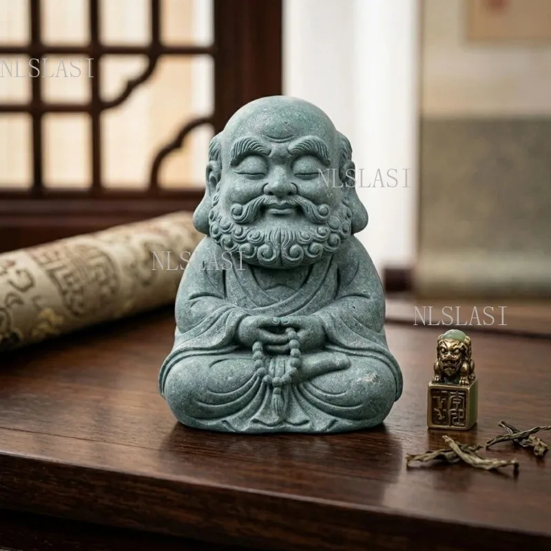 Resin Meditating Dharma Tea Pet Arhat Figurine with Prayer Beads Zen Buddhist Ornament for Tea Pets Tray Tabletop Decor