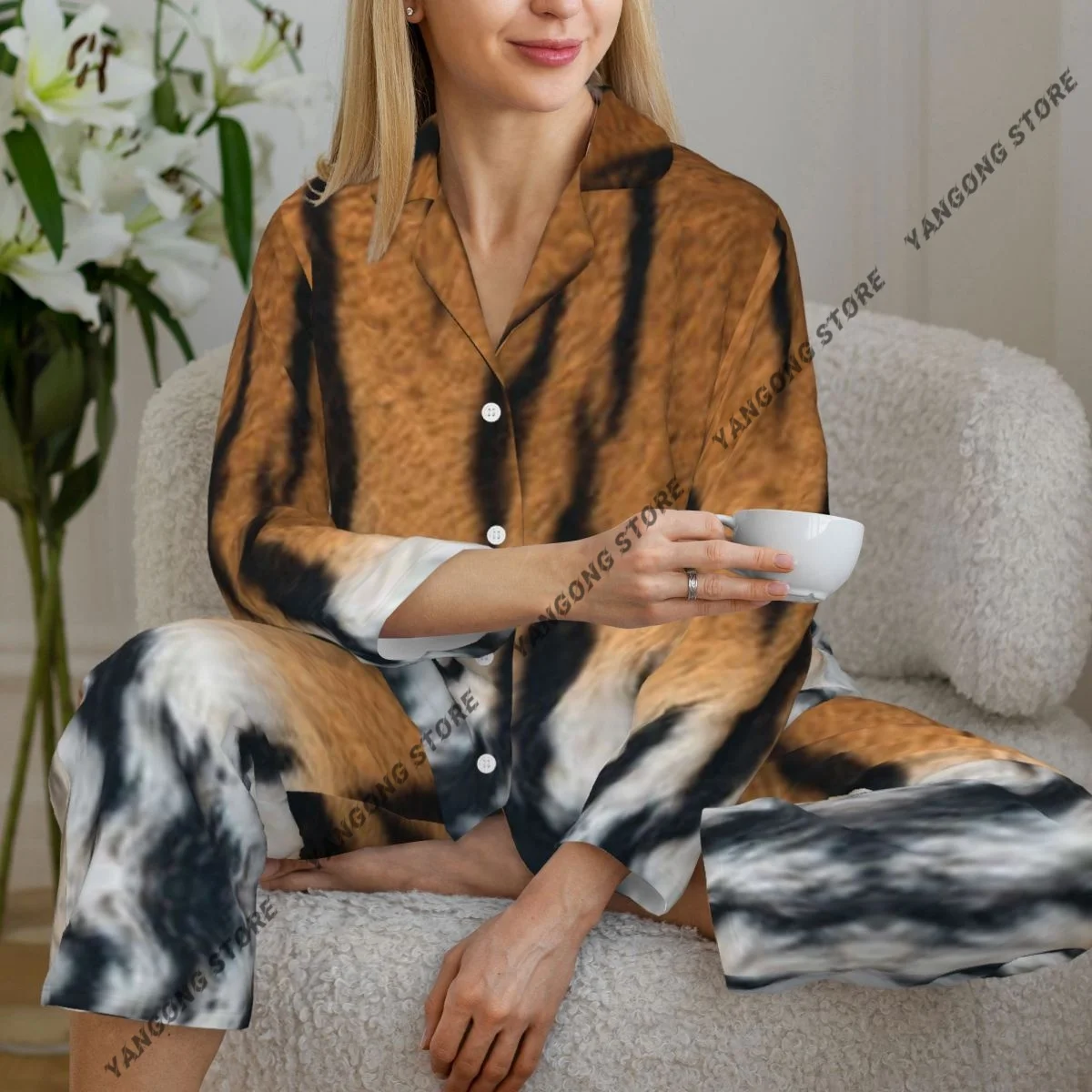 Spring and Autumn Long Sleeve Pants Pajamas Loungewear Set Tiger Skin Texture Women's Pull Edge Loose Sleeping Suit