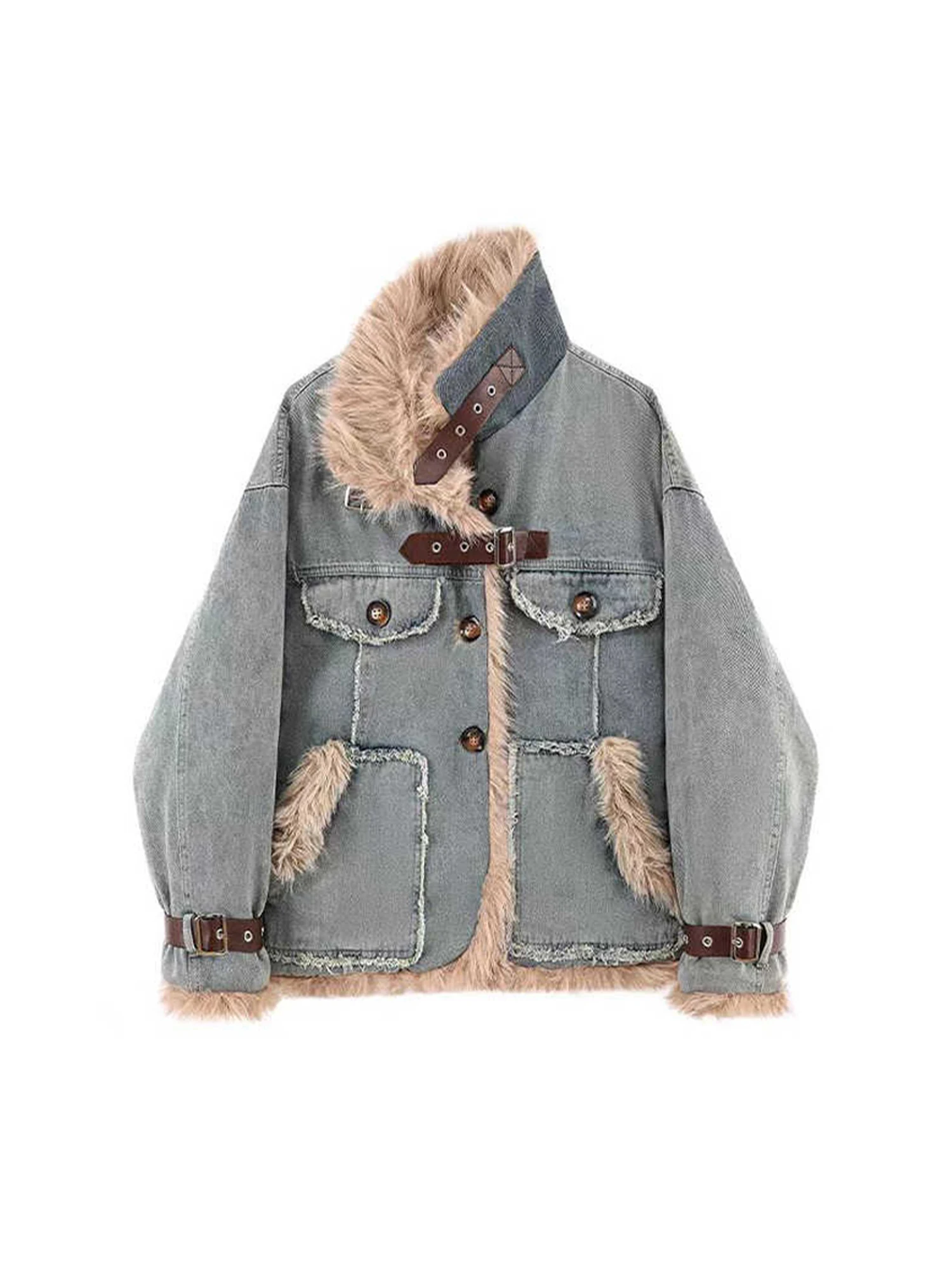 

Women Blue Fur Denim Jacket Vintage Harajuku Long Sleeve Oversize Jean Jacket Outerwear Y2k Denim Coat 2000s Clothes Winter 2025