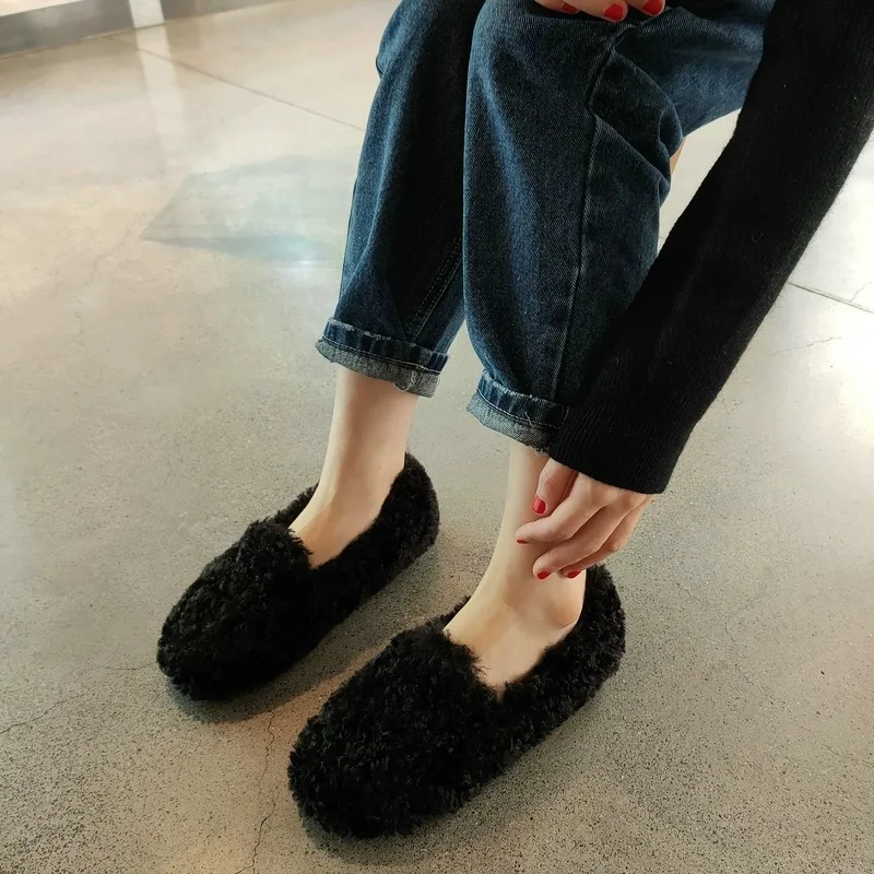 Women\'s 2023 Winter New Style Fur Shoes with One Step Upholstered Thick Sole Lamb Hair and Plush Warm Bean Shoes for Women