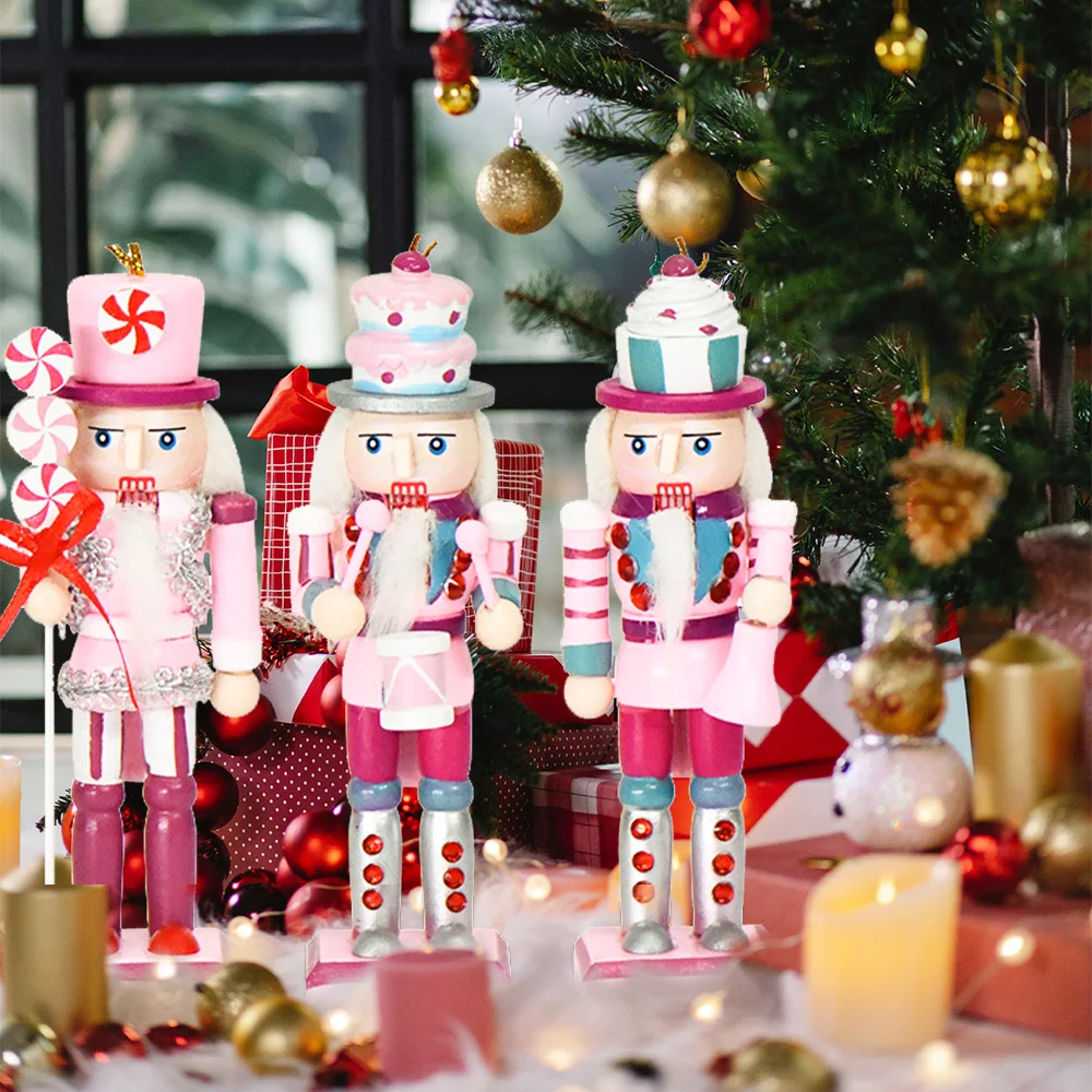 3Pcs/Set Nutcracker Puppet Wooden Handicraft Walnut Soldier Xmas Table Home Desktop Ornament New Year Merry Christmas Decoration