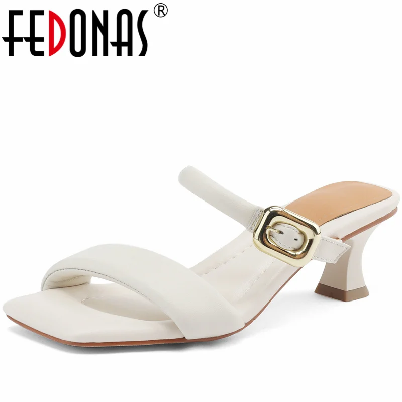 FEDONAS Summer Women Slippers High Heels Genuine Leather Comfortable Elegant Buckle Office Ladies Party Shoes Woman Pumps 2024