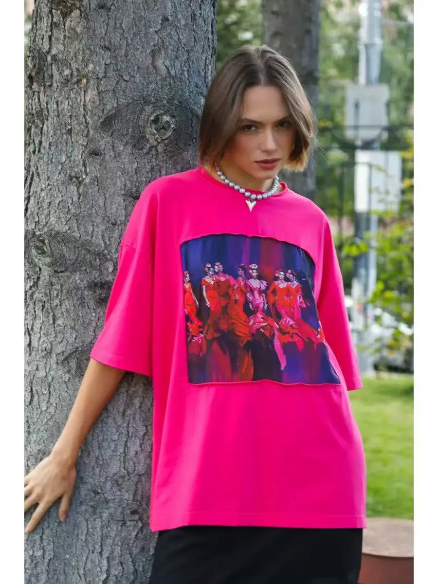 Rose Red Dancer Oil Painting Simplified Hong Kong Style Print Loose Oversized Tshirts Women Cotton Short Sleeve Hip Hop Gothic