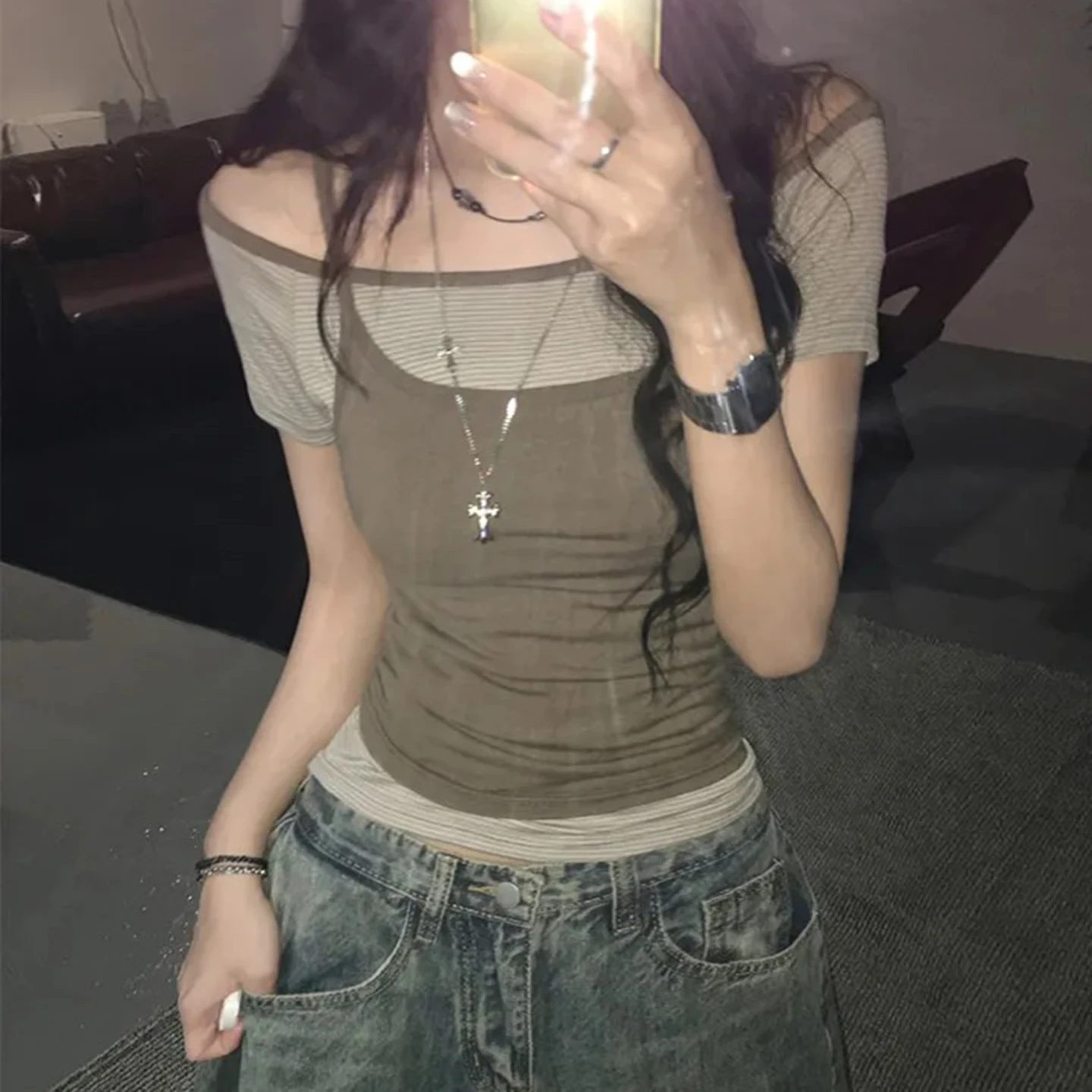 

IAMHOTTY Striped Slash Neck Top and Cami Two Piece Set Women's Summer Vintage Slimming Short Sleeve T-shirt Suits Korean Clothes