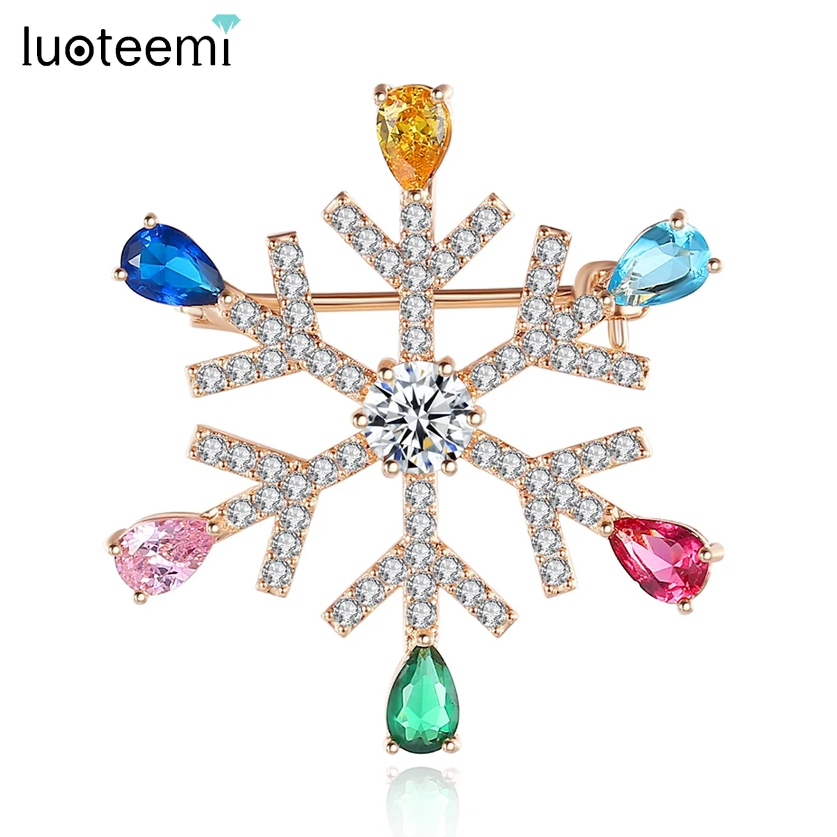 LUOTEEMI Vintage Rainbow Cubic Zirconia Chic Jewelry Snowflake Shape Luxury Crystal Brooches for Woman Fashion Party Accessories