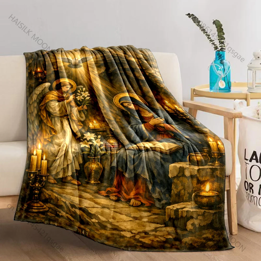1PC Angel blessing Virgin Mary cave Print Believer Pray blanket Warm soft flannel material suitable for all seasons luxury gift