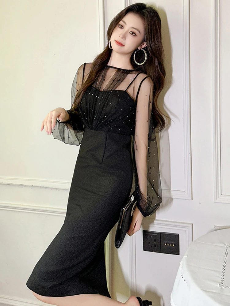 2023 Exquisite Elegant Prom Dress Women's Fashion Sexy Sheer Mesh Spliced Pearl Diamond Slim Robe Femme Evening Party Vestidos