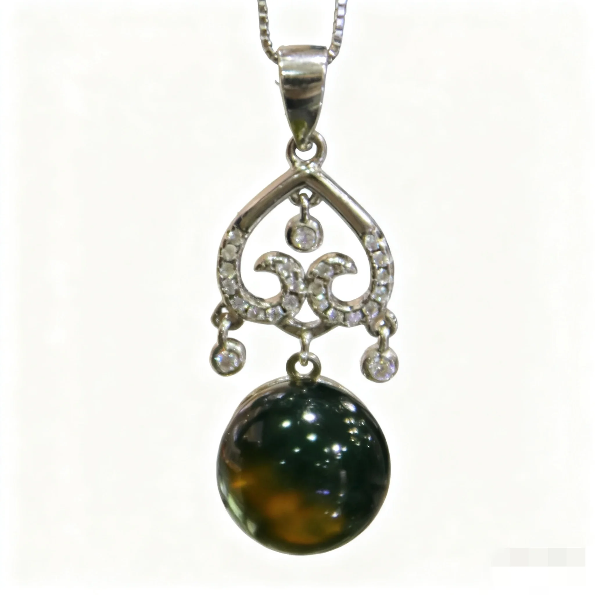 

Natural Mexican Blue Amber Pendant Sterling Silver Vintage Openwork Carving 10mm Bead Jewelry