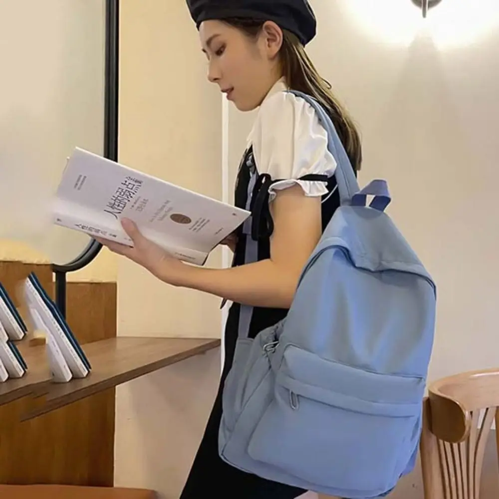 Mochila de nailon de estilo Preppy para estudiantes, bolso escolar de gran capacidad de Color sólido, bolso de hombro de estilo coreano para adolescentes