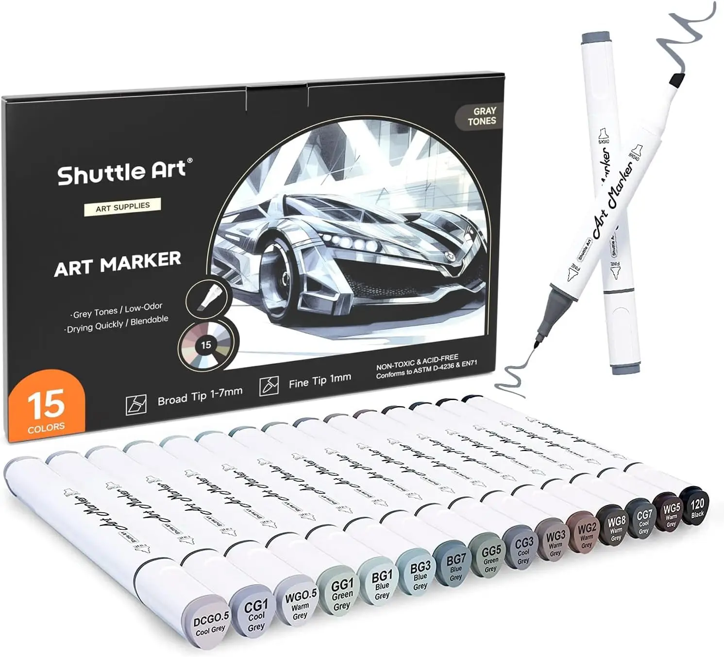 Illustration Marker for Architectural Industrial Design Pens Oil-Based Gray 15-Pack Waterproof Quick-Drying Comics