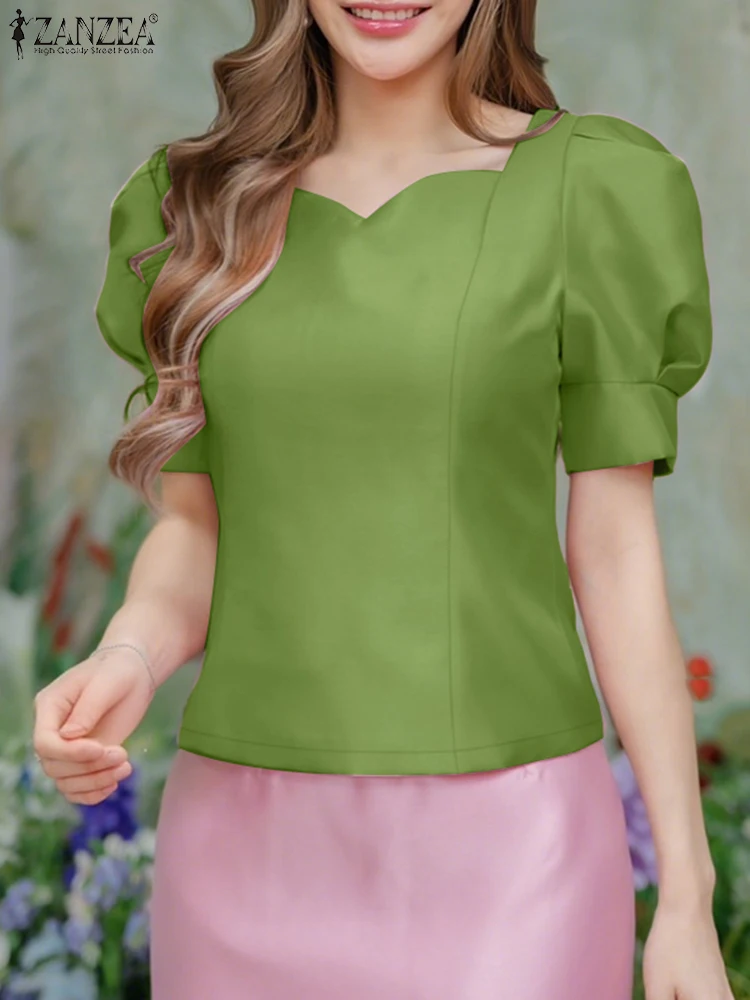 

2025 ZANZEA Fashion Shiny Satin Blouses Woman Summer Elegant Heart-Shaped Collar Short Puff Sleeve Blusas Mujer Solid Short Tops