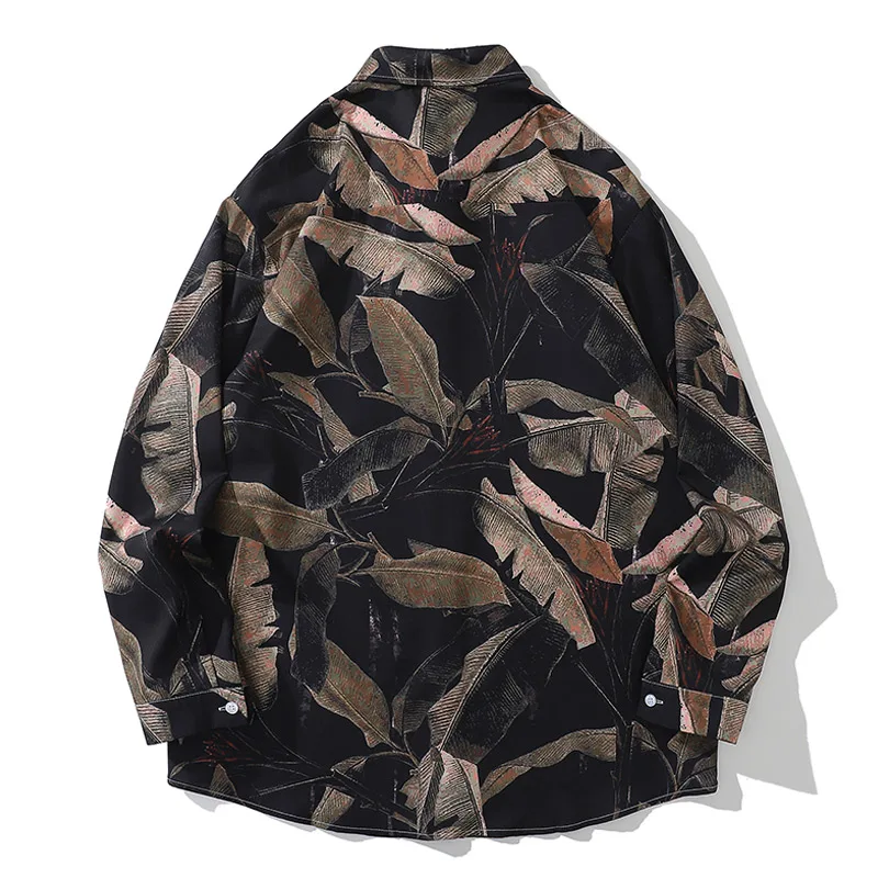 Hip Hop Multi Simulated Leaves Graphic Print Shirts for Men Autumn New Lapel Button Long Sleeve Shirt Oversized Men and Women