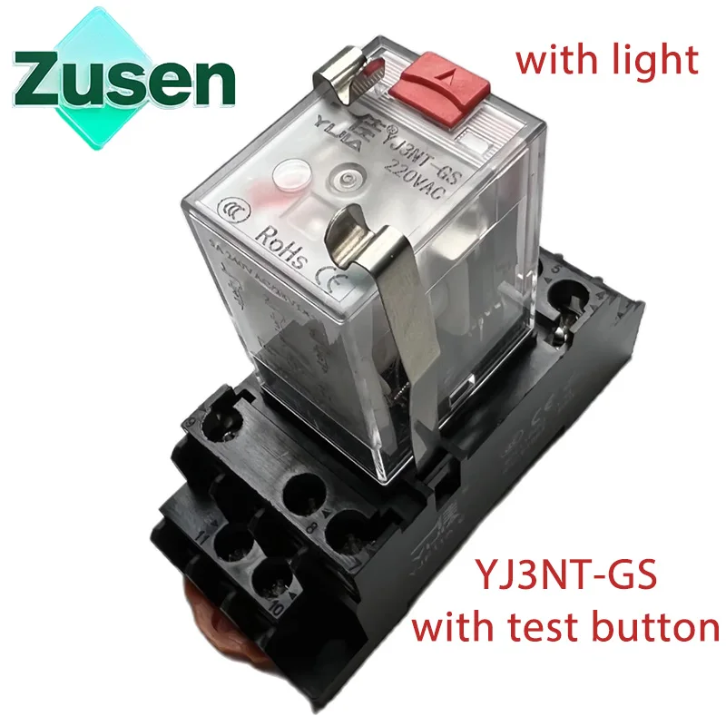 Zusen YJ3NT-GS Small Intermediate Relay with Test Button AC 220V DC 12V 24V 3A Coil  Low Power 3 Groups of 11 Pins