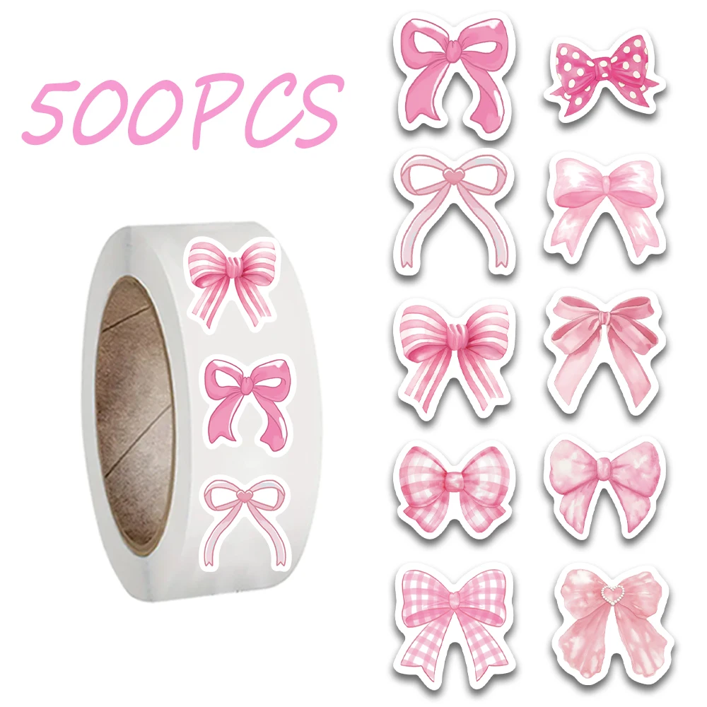500PCS pink bow tie roll stickers, 10 pattern styles, decorate thermos cups, laptops, computers, waterproof stickers