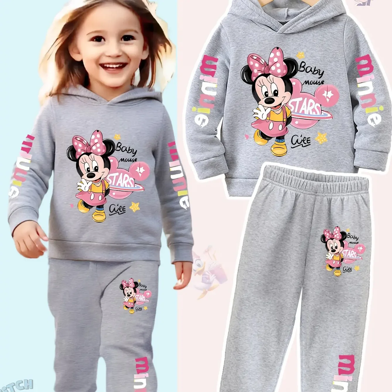 Disney Girls' Minnie Mouse Hoodie & Pants Sweatsuit Set with Mickey Ears & Polka Dots, Soft Stretchy Fabric