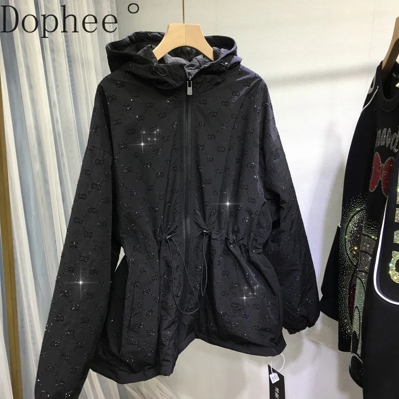 High Quality Hot Drilling Women Cotton-padded Coat Autumn Winter Mid-long Hooded Zip Windbreaker Black Thicken Quilted Overcoat