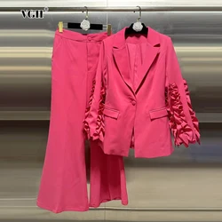 VGH Temperamento Set a due pezzi per donna Colletto dentellato Manica lunga Impiombato Volant Blazer Vita alta Flare Pant Chic Set femminile