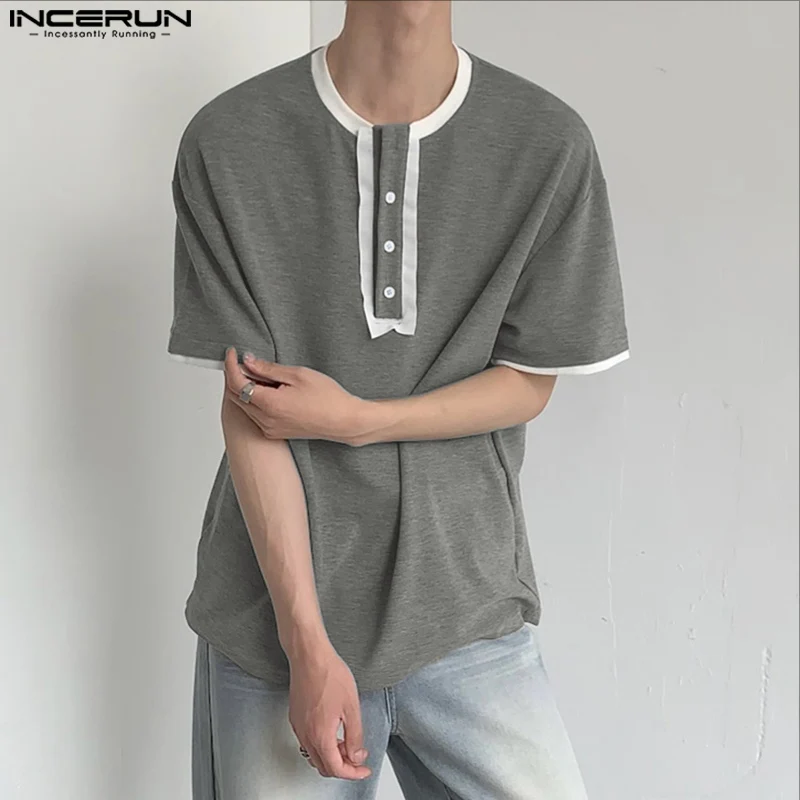 

Fashion Patchwork Men T-Shirts Buttons Casual Tops Tee INCERUN Short Sleeve Summer Tank Men's Clothing Streetwear Oversize Tops