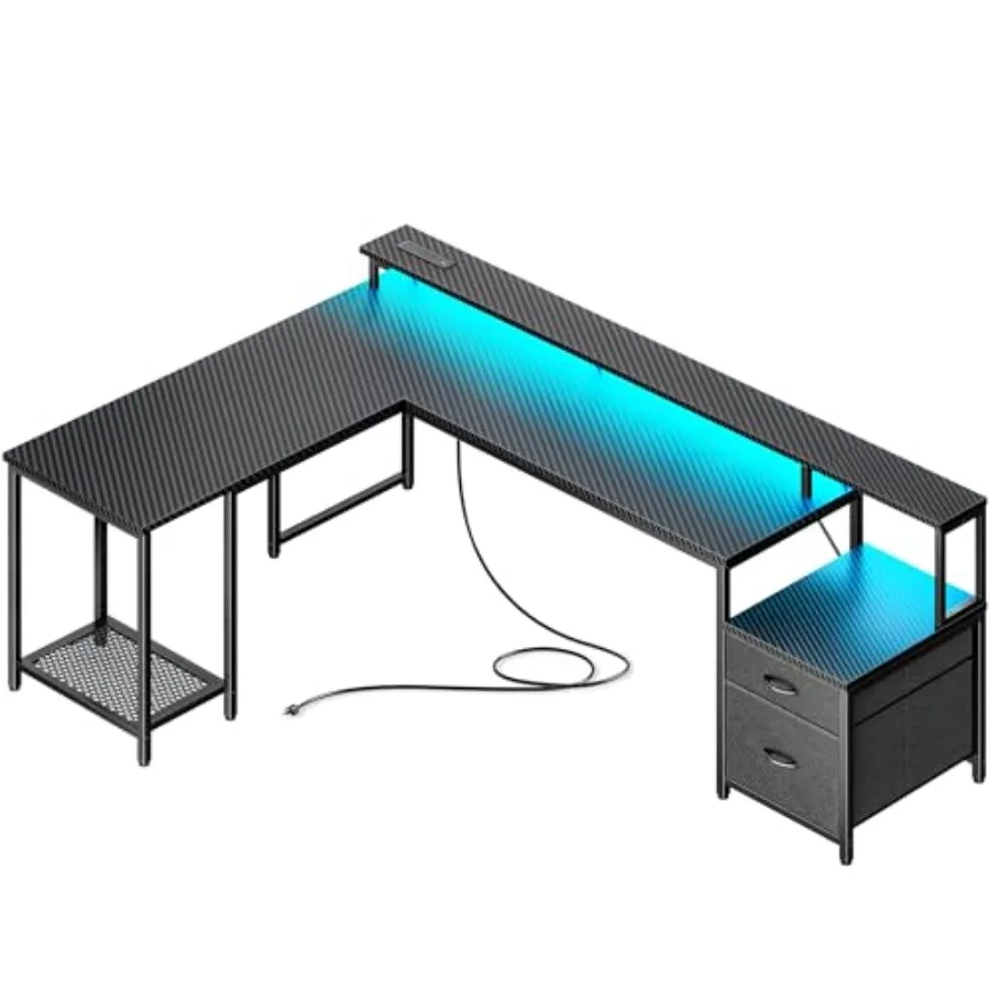 L-shaped gaming desk for home office use, made of engineered wood in black finish with RGB LED lights and built-in power outlet