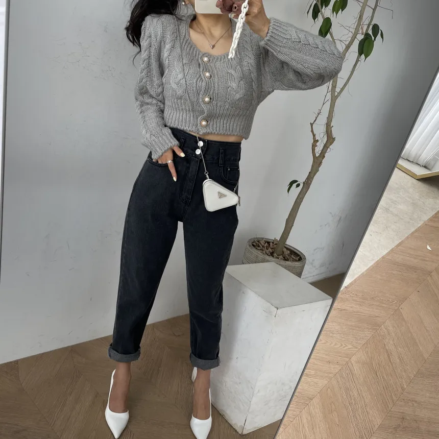 High Waist Slimming Effect Double Button Korean Style Jeans Loose Fit Straight Leg Long Pants Standard Body All Season Casual
