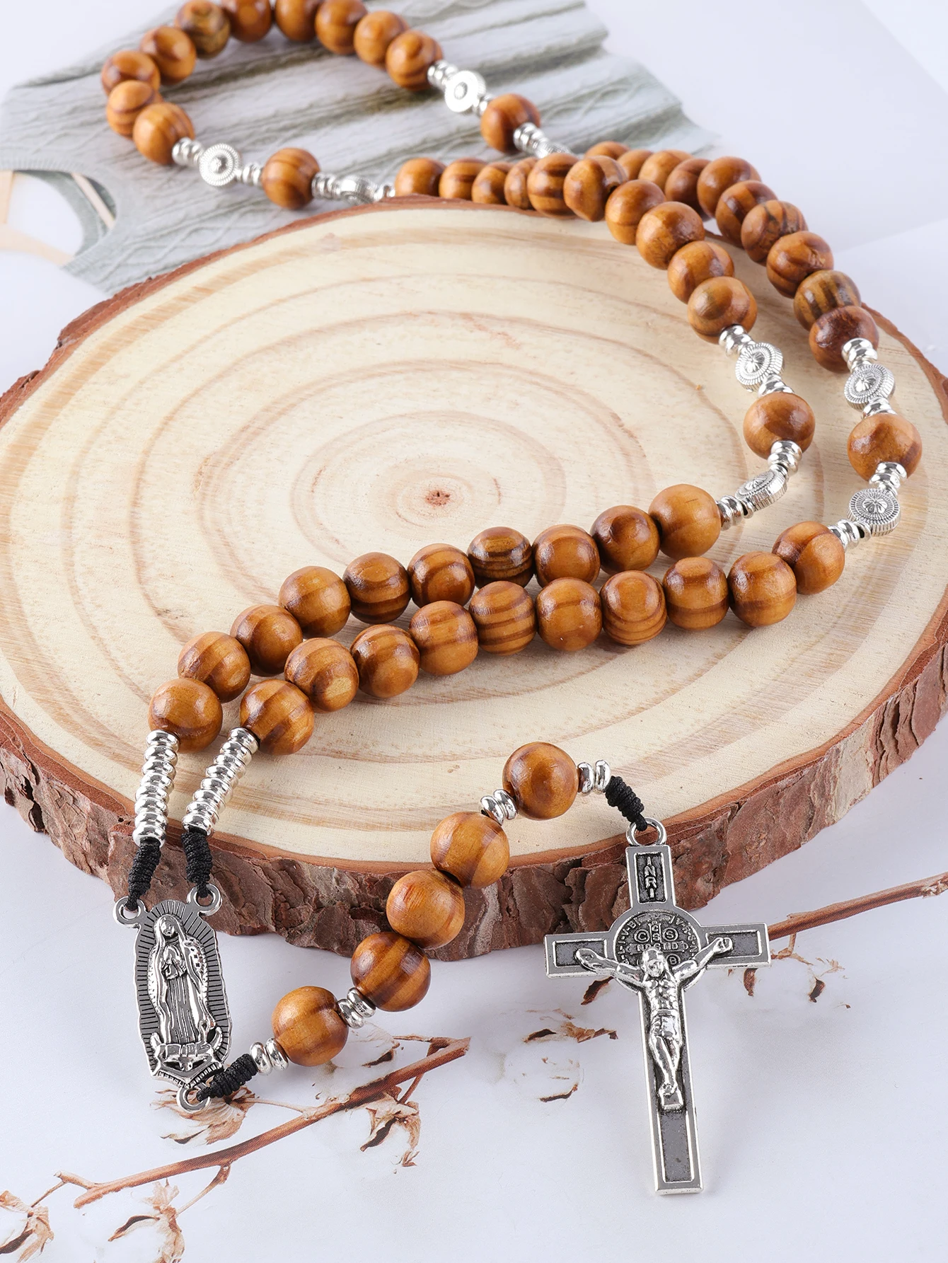 

2025 new men's and women's natural wooden cross beads religious hand-woven pendant long necklace party gift