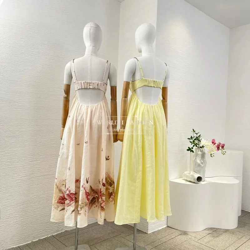 Neue Sommerkollektion für Damen, hochwertiges, beigefarbenes, ärmelloses, rückenfreies Midikleid mit Blumendruck und Ausschnitt für den Urlaub