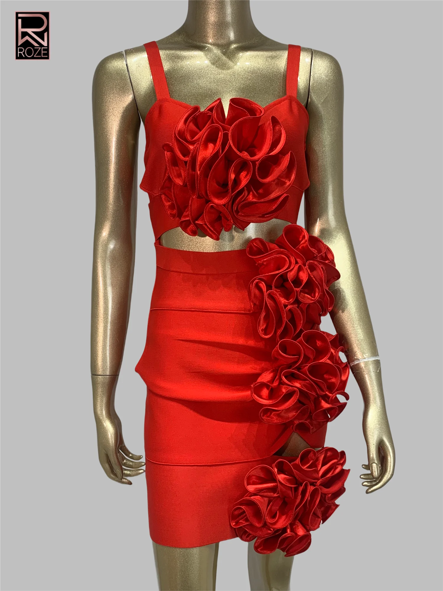 

Women Summer Red Bandage Outfit Strapless Stripe Appliques Crop Top And Mini Skirt Two Piece Sets High Street Evening Club Party