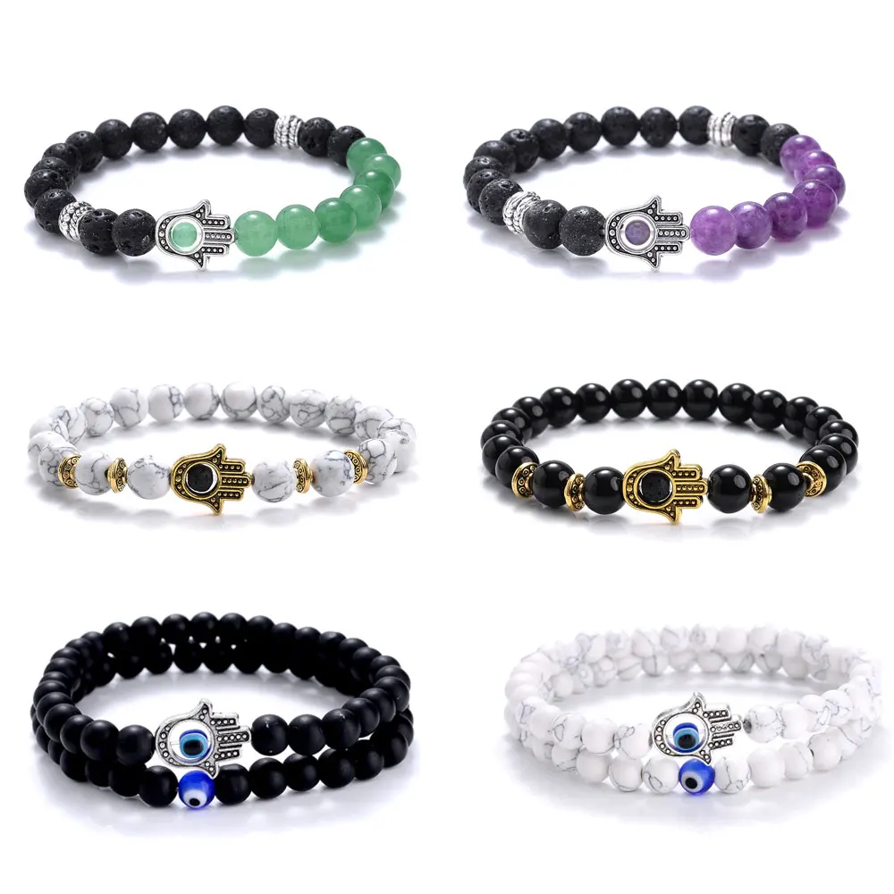 Lucky Natural Stone Beads Chakra Bracelets For Men Women Classic Evil Eye Charms Fatima Hamsa Hand Bracelet Stretch Jewelry