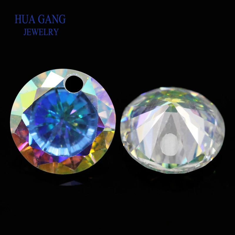 Customized Single Hole Cubic Zirconia Stones Round Shape Green Tanzanite Sapphire blue Aquablue Apple Green With Holes CZ