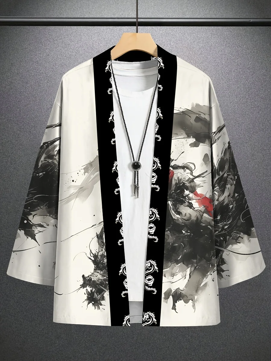 남성용 잉크 드래곤 토템 케이프 프린트 루즈핏 기모노 데일리웨어 남성용 일본 전통 기모노 남성용 케이프 기모노 스타일
