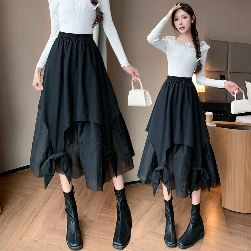 

Vintage Gothic Irregular Long Skirt Women Black Steampunk Party Skirts High Waist A-line Midi Skirt Patchwork Mesh Big Bow Falda