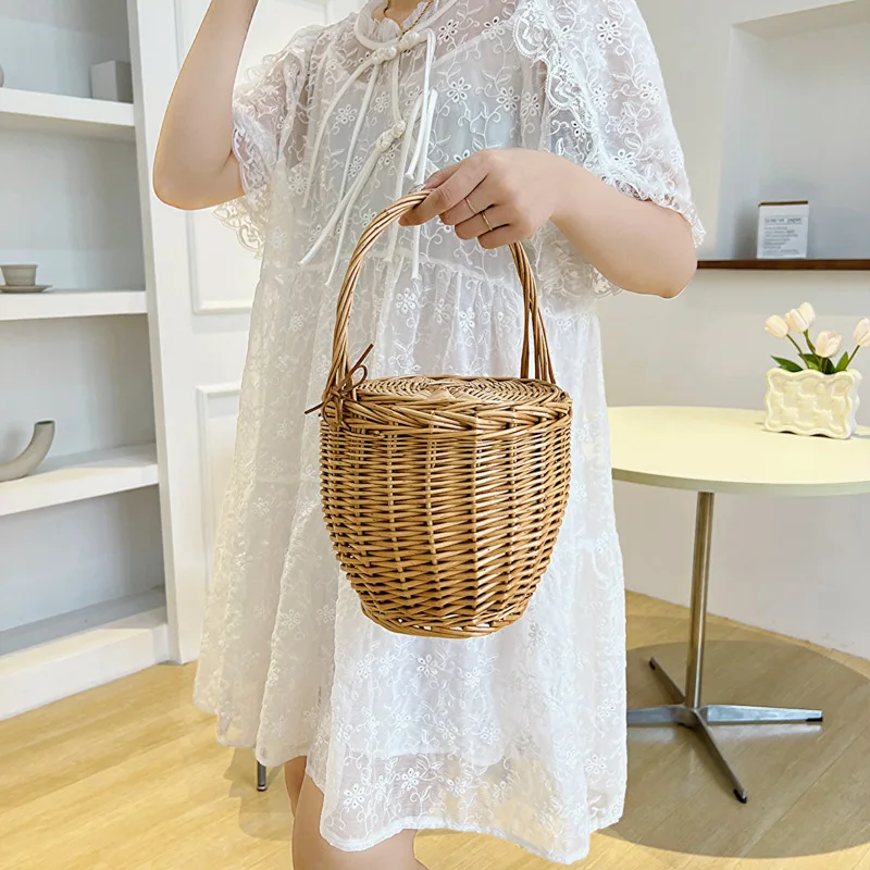 Weidenkorb Tasche Frauen Sommer Strand Natürliche Rattan Stroh Eimer Totes Handarbeit Gewebt Handtaschen Neue – Detail 3