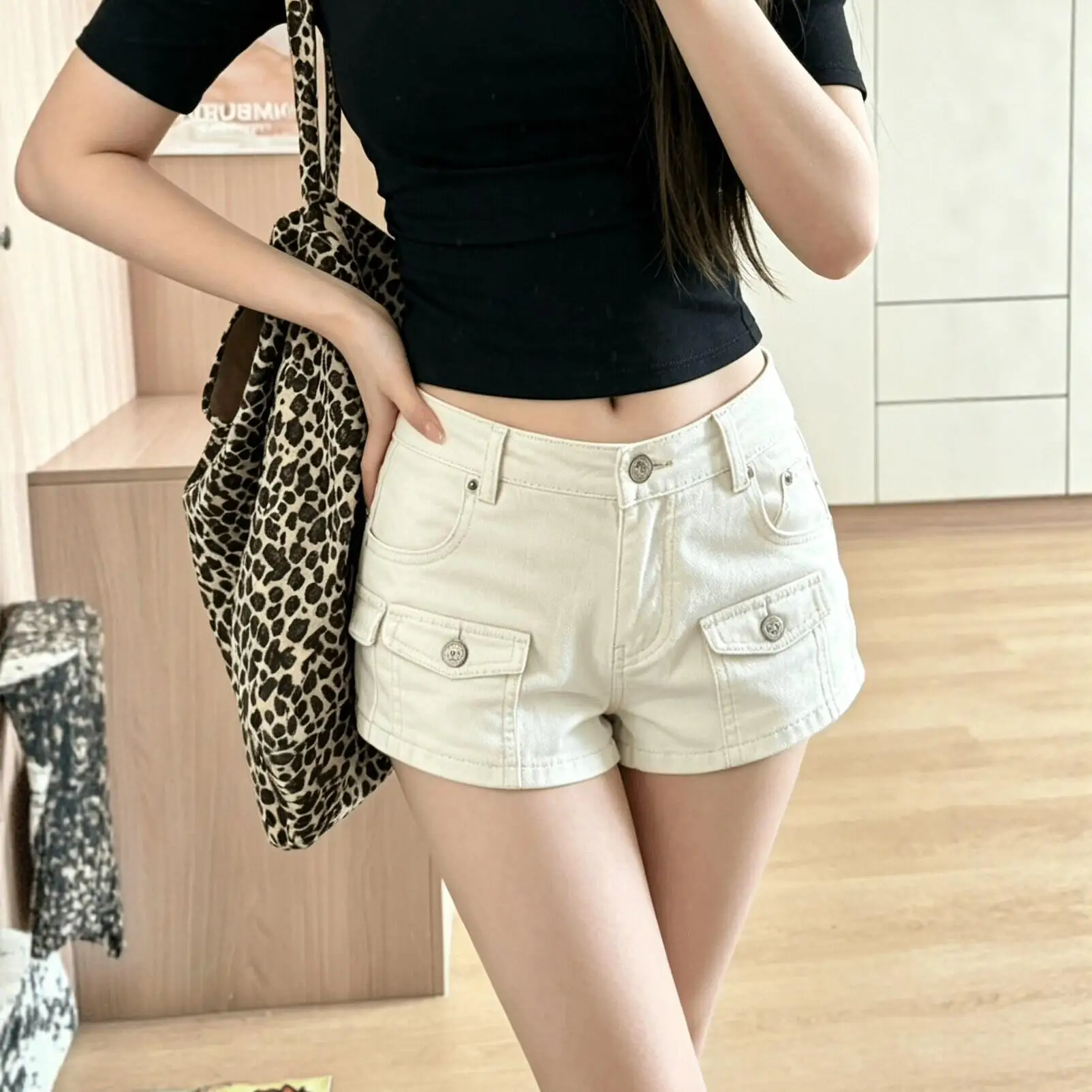 Apricot High-waisted Denim Shorts for Women's Summer Design Sense Spice Girl Sexy Y2k Shorts Hip-wrapped Hot Pants