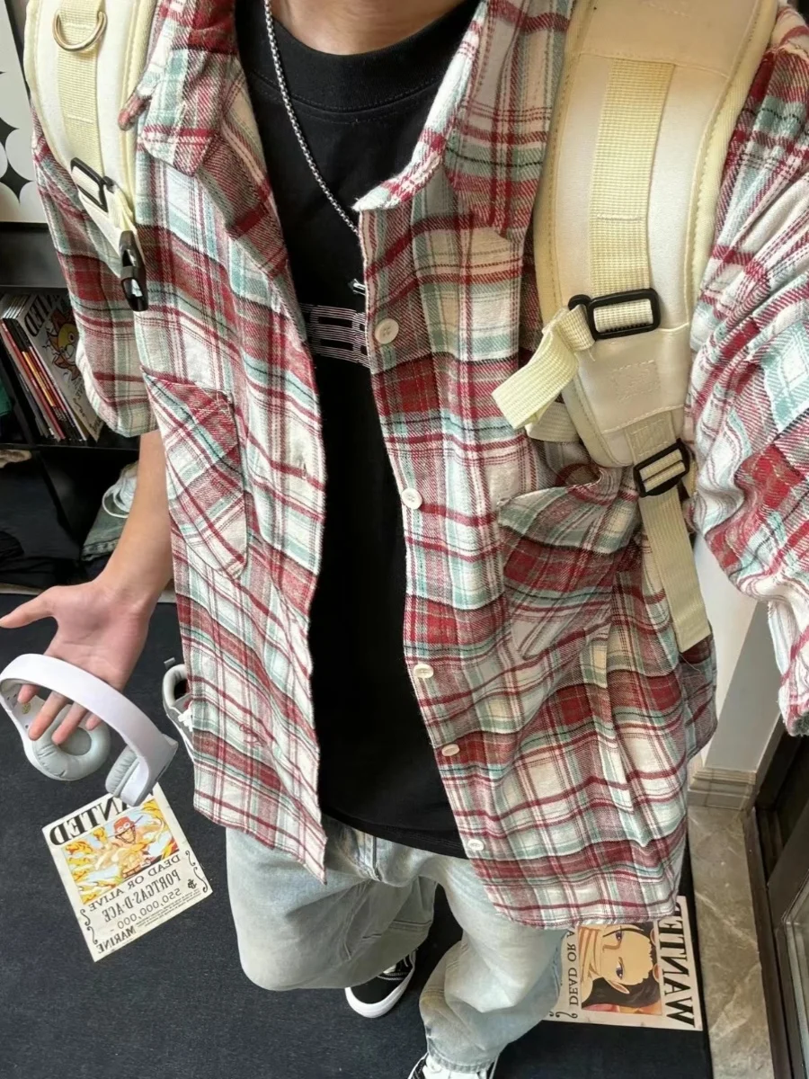

Cleanfit Blue Plaid ort Sve Повседневная одежда irt Мужская летняя свободная посадка с воротником в американском стиле ретро Модная верхняя одежда Five Sve Length