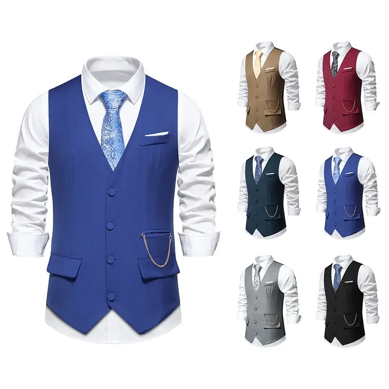 Moda Hombre 2024 Wedding Suit for Men Vest Waistcoat Chain Matching V-neck Formal Social Gentleman Party Gilet Costume Homme