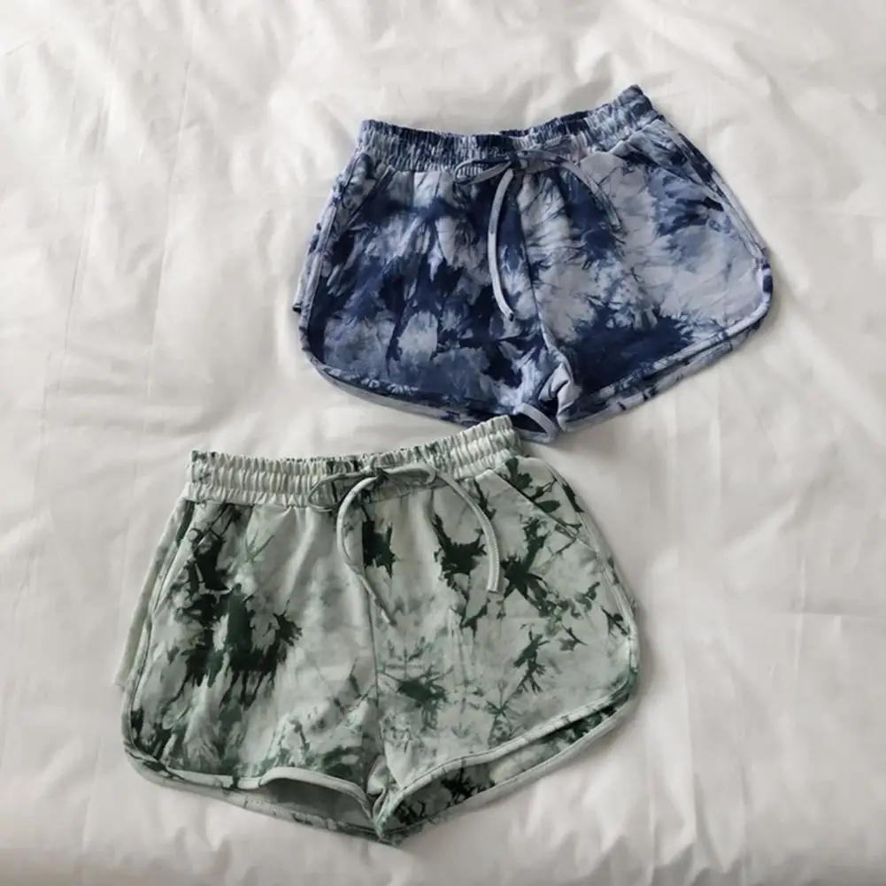 

Comfortable Pbottoms Tie-dye Print Women's High Waist Sport Shorts with Elastic Drawstring Wide Leg Design Versatile for Active