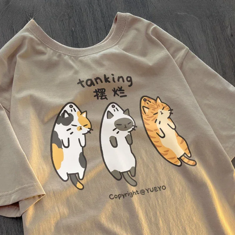 Short Sleeved T-shirt for Women Three Cats with Tattered Printing Loose and Versatile Pure Cotton Japanese Top Clothing