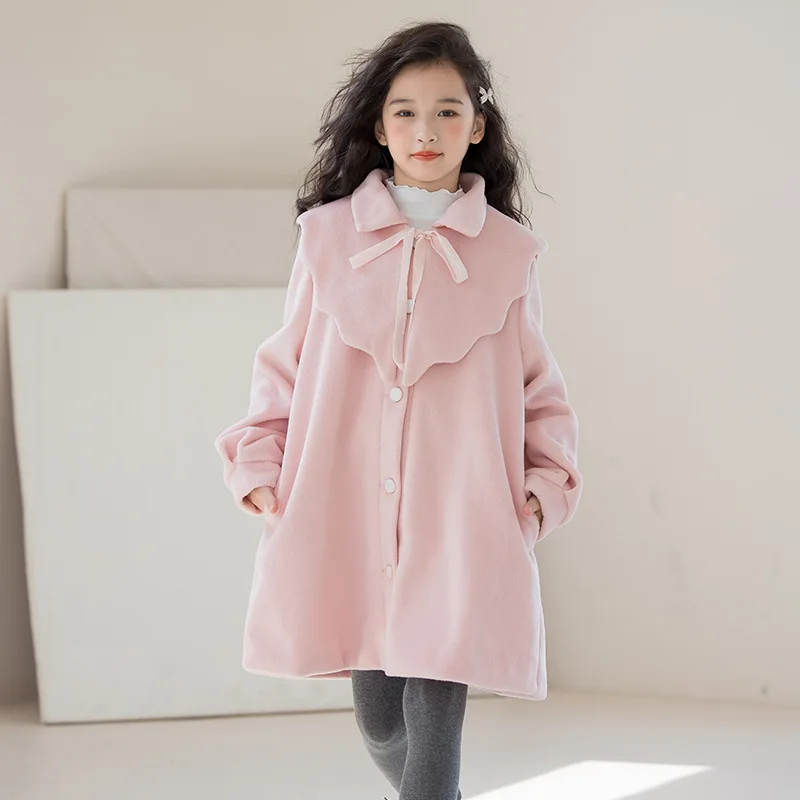 Korean Autumn Winter Children Girl Long Woolen Overcoat Teenager Girl Shawl Single-breasted Windbreak Junior Girl Warm Jacket